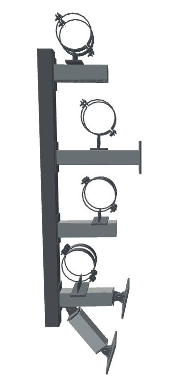 A 3D model of a side-mounted rack with four circular clamps and two adjustable holders, used for securing items vertically.