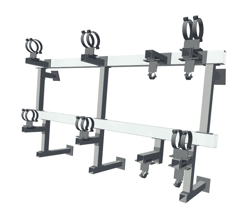 A 3D model of a metal rack with multiple clamps and brackets for holding cylindrical objects, mounted on two horizontal beams.